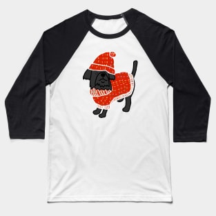 Cute Dog wearing a Red Winter Sweater and Red Hat Baseball T-Shirt